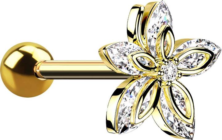 Produktbild Star Piercing Micro Barbell vergoldet mit Kugel und Blume fünf Kristallblätter (Chirurgenstahl 316L, Messing)