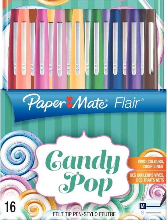 Produktbild Paper Mate Flair Candy Pop (Flieder, Salted Caramel, traube, Orange, Himbeere, Ringelblume, Blueberry Bubblegum, Hellgrün, Braun, 16 x)