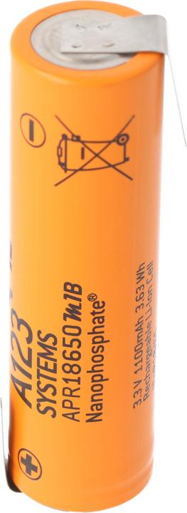 Immagine prodotto A123 Systems Batteria A123 APR18650M-A1 1100mAh 3.3V LiFePo4 con etichetta a saldare a forma di Z 64.95x18.2mm (1 pz., 1100 mAh)