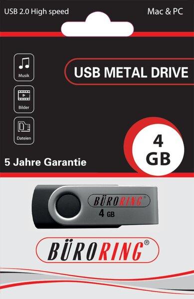 Produktbild Büroring Speicherstick, USB 2.0 mit drehbarer Metall-Abdeckung Kapazität 4 GB (4 GB, USB-A)