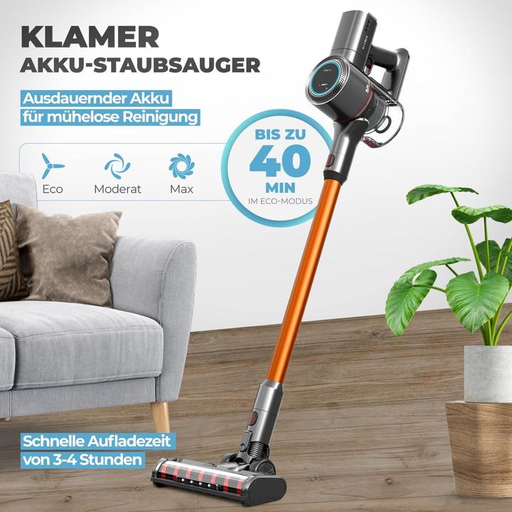 Immagine prodotto KLAMER Akkustaubsauger, 420 Watt, 2 Akkus und mit verschiedenen Aufsätzen