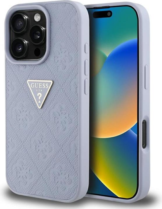 Actual product image Guess Hardcase PU Grained Hot Stamp 4G Triangle Metal Case for iPhone 16 Pro 6,3" Purple (Apple iPhone 16 Pro)