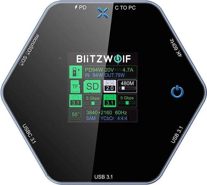Actual product image BlitzWolf 8in1 docking station BW-TH16 USB 100W LCD Smart Display (USB-C, 8 Ports)