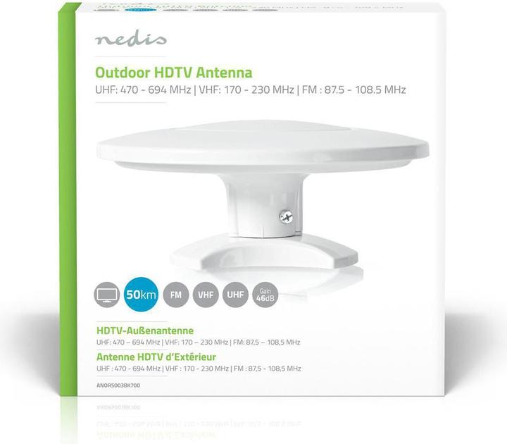 Actual product image Nedis Active HDTV antenna Active Connection type: F connector FM/UHF/VHF Reception range: 0-50 km LTE700 (46 dB, UKW / MW / LW, LTE, DVB-T / -T2)