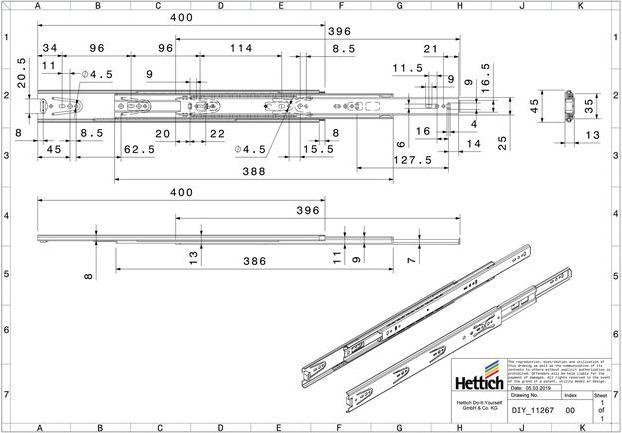Produktbild Hettich Schubladenschiene Vollauszug 400 mm chromatiert 2 Stück