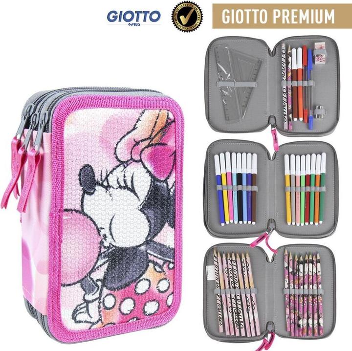 Actual product image Cerda Minnie Mouse three-chamber pencil case with Giotto Premium accessories