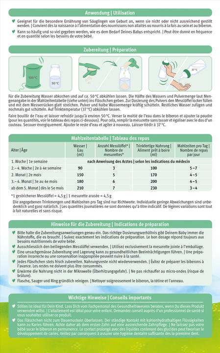 Valeurs nutritives et ingrédients Holle Lait de démarrage bio 1 (460 g, dès la naissance)