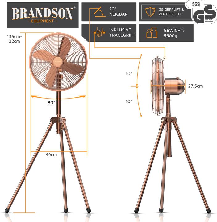 Image du produit Brandson Ventilateur sur pied 49cm Ø, ventilateur 60W, trépied, boîtier métallique, ventilateur sur trépied (64 dB)