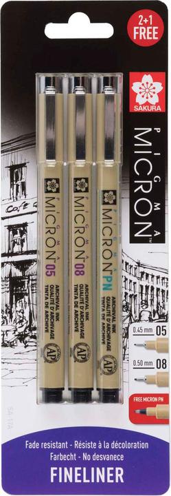 Sakura Pigma Micron Set Noir 01, 05 & stylo PN gratuit (Noir, 3 x)
