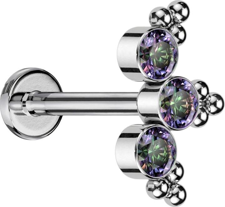 Image du produit Star Piercing Micro Threadless Labret argent triangulaire boules trois cristaux sombre multicolore (sans laiton, Titane G23)