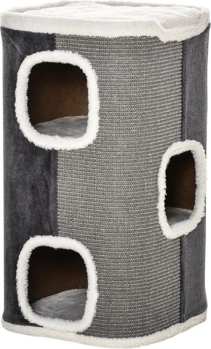 Actual product image PawHut Scratching barrel for cats 3 levels chipboard velvety grey+white 40x40x74cm (74 cm, Grey)