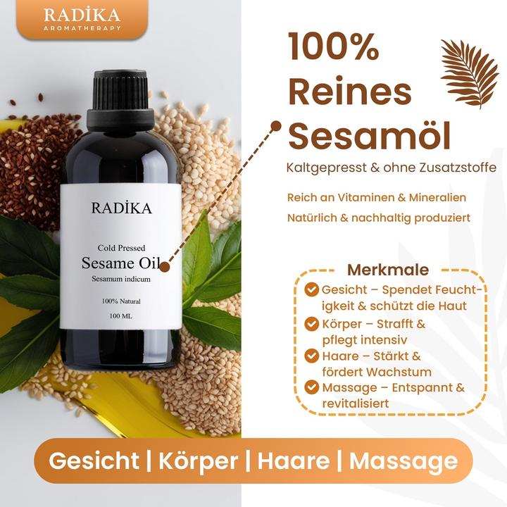 Produktbild Radika Sesamöl, Kaltgepresst, 100% Rein, BIO, natürlich, 100 ml (Körperöl, 100 ml)