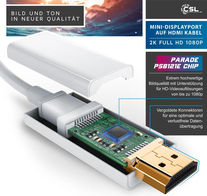 Produktbild CSL 4k Mini Displayport auf HDMI Kabel | Thunderbolt 1- und Thunderbolt 2 Ports | 4K Ultra HD 2160p (3 m, DisplayPort, HDMI)