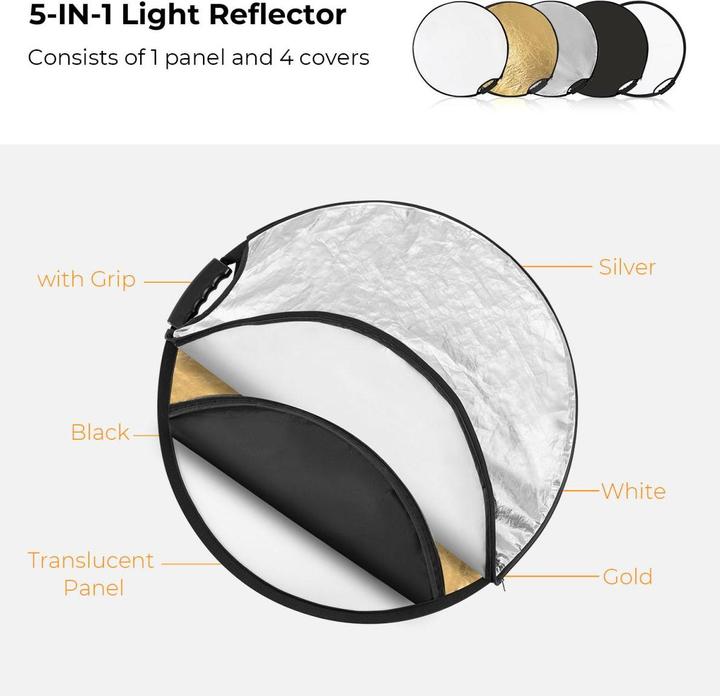 Produktbild K&F Concept 5 in 1 Circular Photography Reflector 80cm with Handle Grip Gold Sliver Black White Translucent Pan
