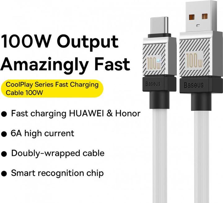 Actual product image Baseus Cable USB do USB-C CoolPlay 100W 2m (white) (2 m, USB 3.2 Gen 1)