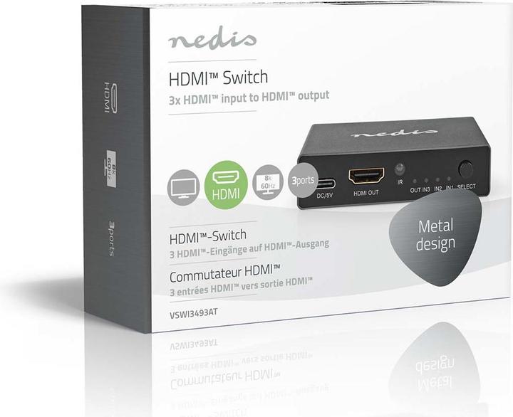 Produktbild Nedis HDMI ™ Schalter | 3-Port port(s) | 3x HDMI™ Eingang | HDMI™ Ausgang | 8K@60Hz | 45 Gbps | fern