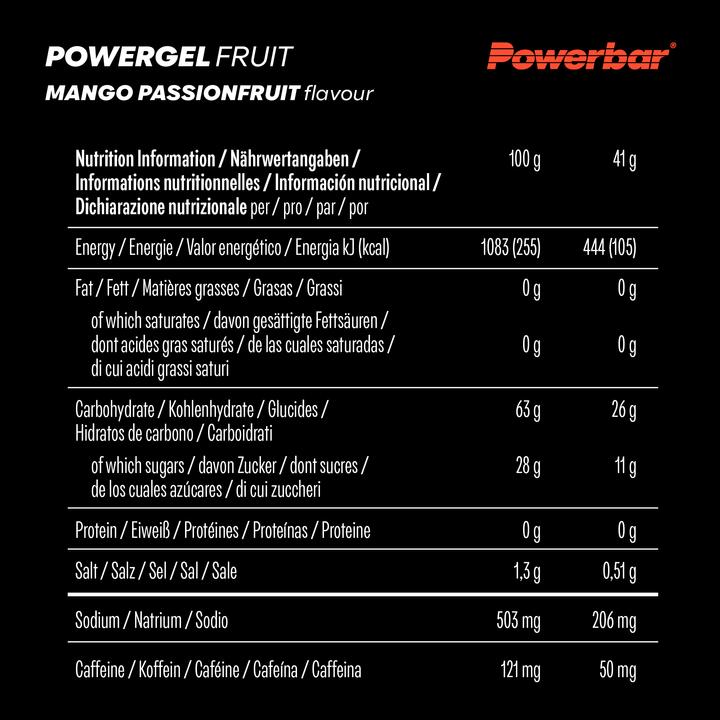 Valori nutrizionali e ingredienti Powerbar Powergel (Mango, Frutto della passione, Caffeina, 24 pz., 984 g)