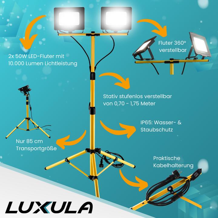 Produktbild Luxula LED Baustrahler mit Stativ (10000 lm, IP65)