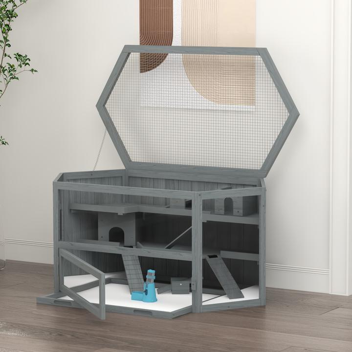 Actual product image PawHut Hamsterkäfig Tannenholz, PS-Plexiglas Grau
