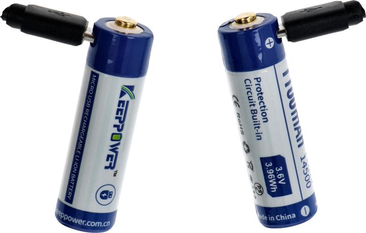 Actual product image Keeppower Li-ion battery 14500 with 1100mAh 3.7V, 50.3x14.2mm, with USB charging option (1 pcs., AA, 1100 mAh, Rechargeable battery)