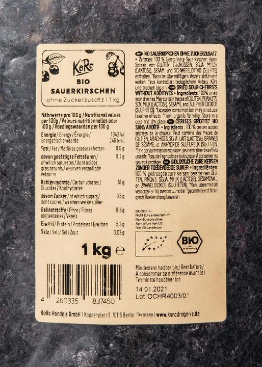 Valori nutrizionali e ingredienti KoRo Amarene secche biologiche (1000 g)