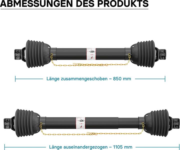 Actual product image Wiltec PTO Shaft T8 Drive Shaft 850-1105mm 1240Nm 540rpm, 110kW (150hp), 2x1 3/8" 6teeth Tractor Attac (Tractor accessories)