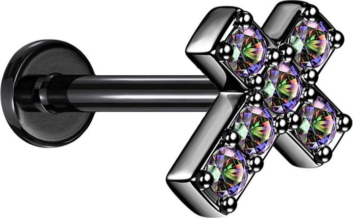 Immagine prodotto Star Piercing Micro Labret filo interno nero croce con cristallo scuro multicolore (senza ottone, Acciaio chirurgico 316L)