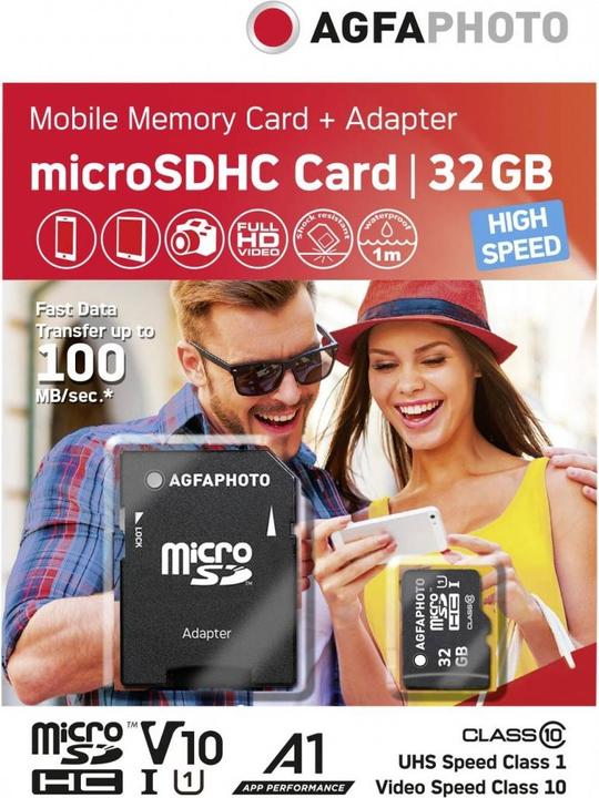 Actual product image AGFAPHOTO MicroSDHC UHS-I 32GB High Speed Class 10 U1 + Adapter (32 GB, microSDHC, U1, UHS-I)