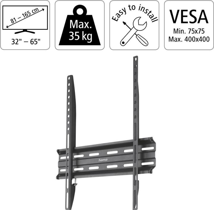 Immagine prodotto Hama Staffa da parete per TV, rigida, 165 cm (65") fino a 35 kg, distanza dalla parete 2,3 cm (Muro, 165", 35 kg)
