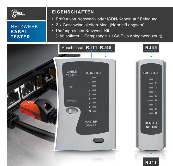Image du produit CSL Testeur de câbles réseau pour câbles RJ45 et RJ11 - Testeur de câbles de cordons de brassage -