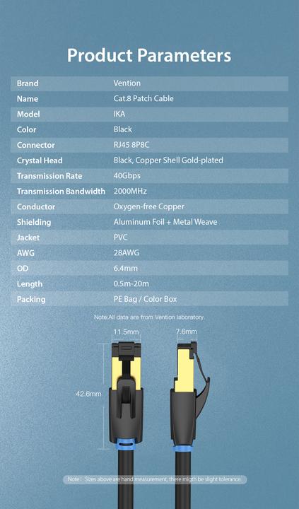 Actual product image Vention Category 8 SFTP Network Cable IKABK 8m Black (S/FTP, CAT8.1, 8 m)