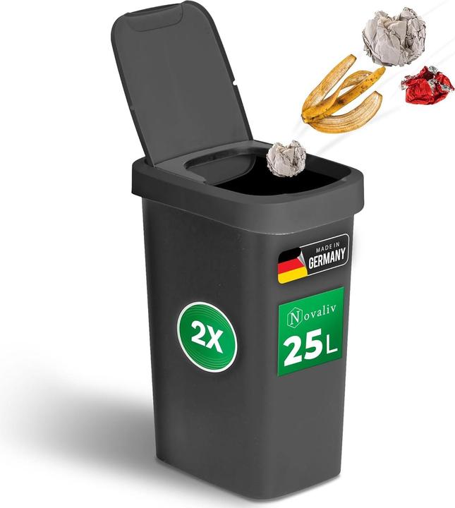 Actual product image Novaliv 2x Mülleimer 25L mit 2in1 Deckel, Klappdeckel & Schwingdeckel, Anti-Geruch Abfalleimer für K (25 l)