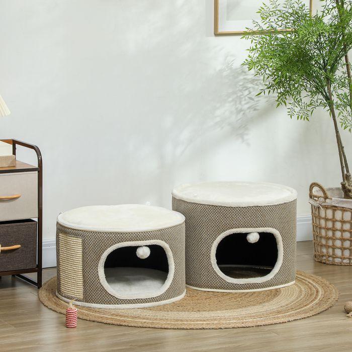 Produktbild Swisshandel24 Kratztonne, 69 cm hoch Katzentonne mit 2 Höhle, Kratzbaum für Katze bis 6 kg (69 cm, Kaffeebraun+Cremeweiss)