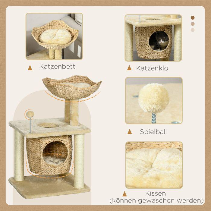Produktbild Swisshandel24 Kratzbaum Klein, 74 cm mit Katzenhöhle, Spielball, mit Bett, bis 5kg, Beige (74 cm, Beige)