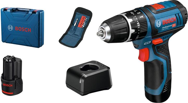 2x 12 V 2 Ah Akku, 1x Koffer, 1x Ladegerät, 1x Akku-Schlagbohrschrauber GSB 12V-15, 1x Bit-Satz