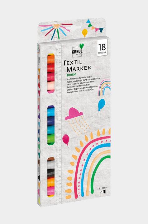 Kreul Textil Marker medium Junior 18er Set (Braun, Neongelb, Neonorange, Hellgrün, Blau, Schwarz, Gelb, Grau, Orange, Zartrosa, Karminrot, Türkis, Rot, Hellblau, Pink, Grün, Neonpink, Violett, 4 mm, 18 x)