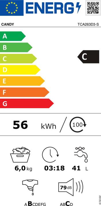 Energie-Label Candy TCA263D3-S Lavatrice a carica dall'alto 6Kg (6 kg, Unten)