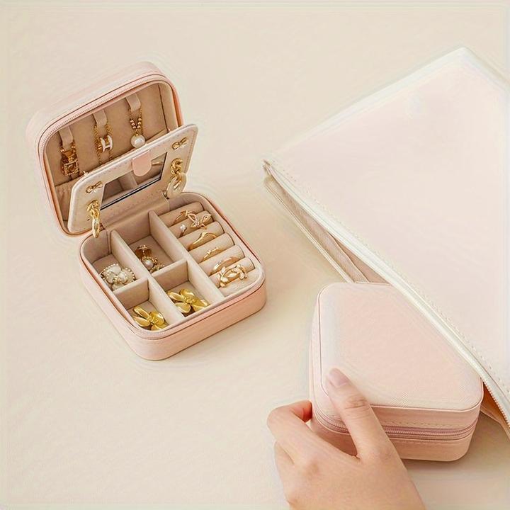 Only-Bags.Store 1 Stück Mini-Reise-Schmuck-Organizer im klassischen Stil mit Spiegel, 3-lagiger Aufbewahrungskoffer