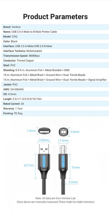 Produktbild Vention Cable USB 2.0 A to B COQBG 1.5m (black) (1.50 m, USB 2.0)
