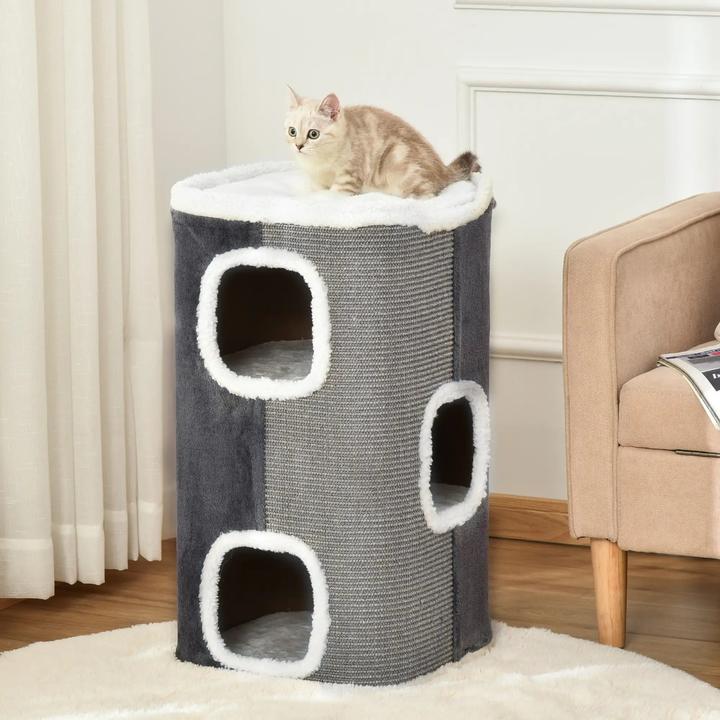 Actual product image PawHut Scratching barrel for cats 3 levels chipboard velvety grey+white 40x40x74cm (74 cm, Grey)