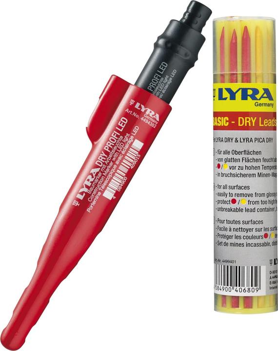 Vasalat Lyra Dry Proif LED deep hole marker Dry marker + replacement refills graphite/yellow/red (Graphite, Red, Yellow, 1 x)