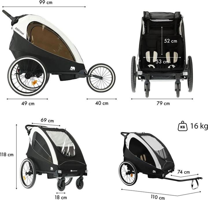 Immagine prodotto Deryan 3in1 Fahrradanhänger für 2 Kinder