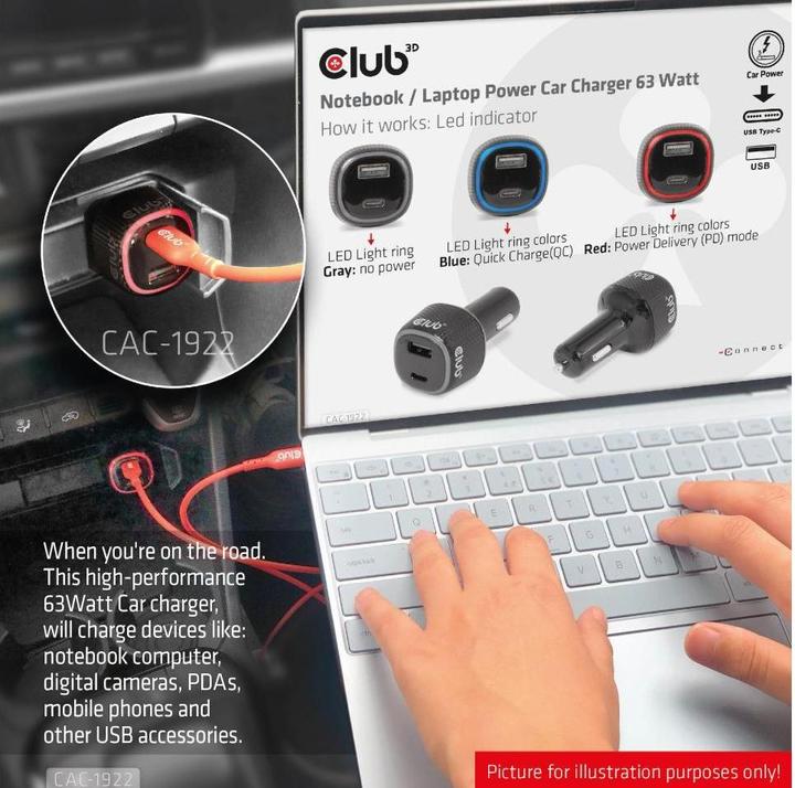 Image du produit Club 3D Club3D Chargeur USB pour voiture 1xUSB C, 1xUSB A, 63W, 12/24V retail
