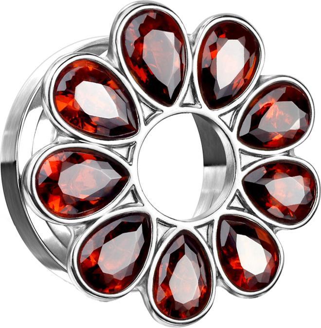 Produktbild Star Piercing Flesh Tunnel silber Kristallbume rot (ohne Messing, Chirurgenstahl 316L)