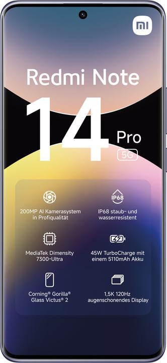 Image du produit Xiaomi Redmi Note 14 Pro 5G (256 Go, Lavender Purple, 6.67", Double SIM, 200 Mpx, 5G)