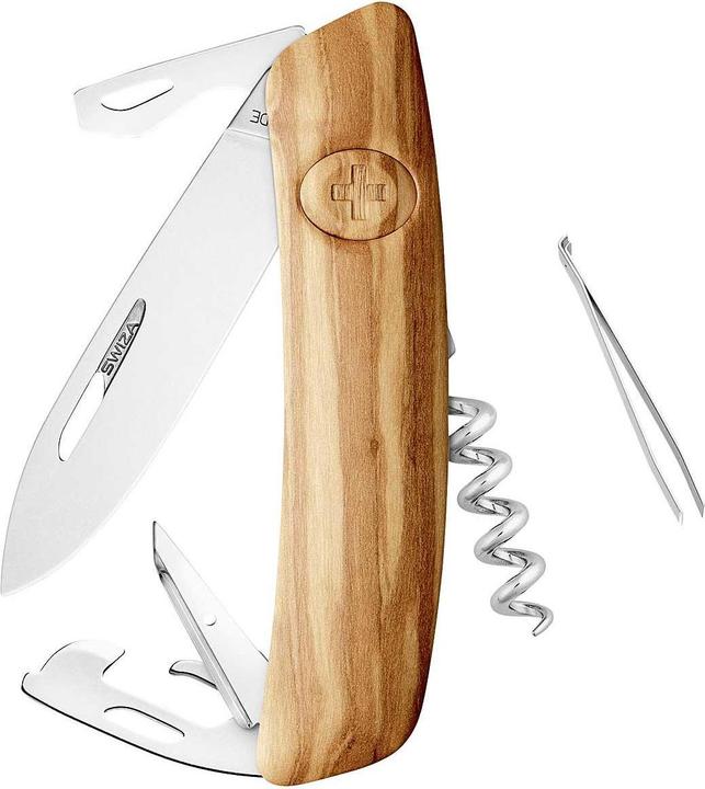 Swiza Pocket knife D03, 440 steel, blade lock, olive wood handle scales, 11 functions