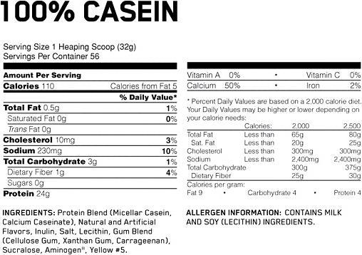 Valeurs nutritives et ingrédients Weider 100% caséine (Chocolat, Crème, 1 pcs, 1800 g)
