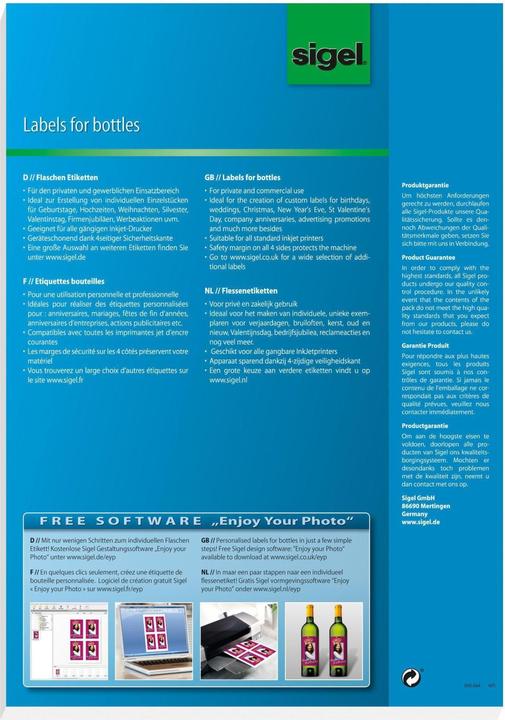 Actual product image Sigel InkJet bottle labels A4