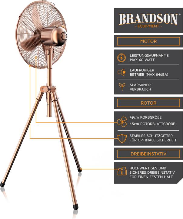 Image du produit Brandson Ventilateur sur pied 49cm Ø, ventilateur 60W, trépied, boîtier métallique, ventilateur sur trépied (64 dB)