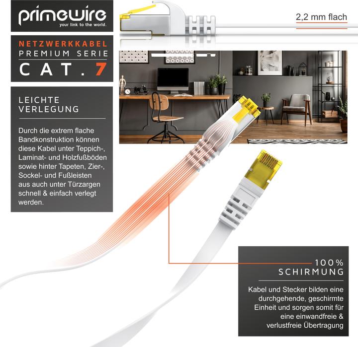 Produktbild Primewire CAT.7 Netzwerkkabel flach - Ethernet Gigabit Lan Kabel RJ45 - Patchkabel - komp. CAT.5 CAT.6 CAT.8 (U/FTP, CAT7, 1 m)